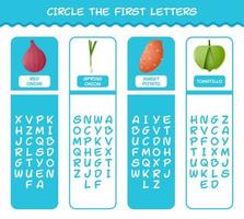 Circle the first letters of cartoon vegetables. Matching game. Educational game for pre shool years kids and toddlers vector