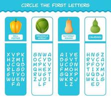 Circle the first letters of cartoon vegetables. Matching game. Educational game for pre shool years kids and toddlers vector