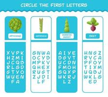 Encierra en un círculo las primeras letras de las verduras de dibujos animados. juego de correspondencias. juego educativo para niños de edad preescolar y niños pequeños vector