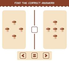 Find the correct answers of cartoon mushroom. Searching and Counting game. Educational game for pre shool years kids and toddlers vector