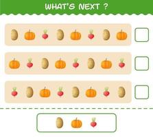 What's comes next educational game of cartoon vegetables. Find the regularity and continue the row task. Educational game for pre shool years kids and toddlers vector