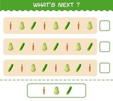 What's comes next educational game of cartoon vegetables. Find the regularity and continue the row task. Educational game for pre shool years kids and toddlers vector