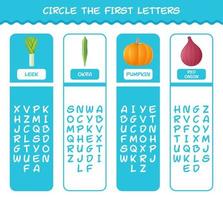 Circle the first letters of cartoon vegetables. Matching game. Educational game for pre shool years kids and toddlers vector