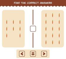 encuentra las respuestas correctas de la zanahoria de dibujos animados. Juego de buscar y contar. juego educativo para niños y niños pequeños en edad preescolar vector