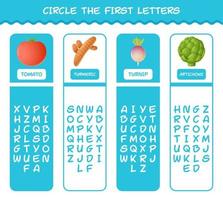 Circle the first letters of cartoon vegetables. Matching game. Educational game for pre shool years kids and toddlers vector