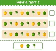 What's comes next educational game of cartoon vegetables. Find the regularity and continue the row task. Educational game for pre shool years kids and toddlers vector