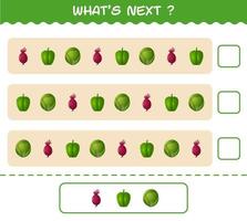 ¿Qué sigue? Juego educativo de verduras de dibujos animados. encuentre la regularidad y continúe la tarea de la fila. juego educativo para niños y niños pequeños en edad preescolar vector