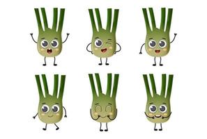 Set of cute cartoon fennel vegetables vector character set isolated on white background