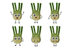 Set of cute cartoon fennel vegetables vector character set isolated on white background