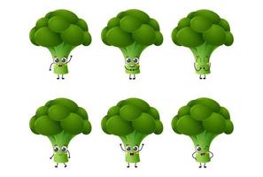 Set of cute cartoon broccoli vegetables vector character set isolated on white background