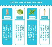 Circle the first letters of cartoon vegetables. Matching game. Educational game for pre shool years kids and toddlers vector