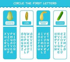 Circle the first letters of cartoon vegetables. Matching game. Educational game for pre shool years kids and toddlers vector