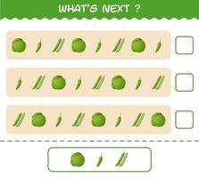 What's comes next educational game of cartoon vegetables. Find the regularity and continue the row task. Educational game for pre shool years kids and toddlers vector