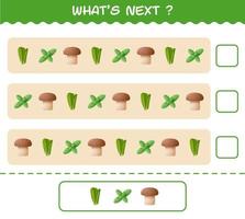 What's comes next educational game of cartoon vegetables. Find the regularity and continue the row task. Educational game for pre shool years kids and toddlers vector