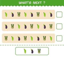 What's comes next educational game of cartoon vegetables. Find the regularity and continue the row task. Educational game for pre shool years kids and toddlers vector