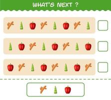 What's comes next educational game of cartoon vegetables. Find the regularity and continue the row task. Educational game for pre shool years kids and toddlers vector