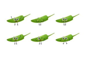 Set of cute cartoon green chilli vegetables vector character set isolated on white background