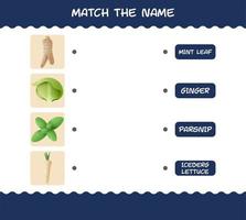 Match the name of cartoon vegetables. Matching game. Educational game for pre shool years kids and toddlers vector