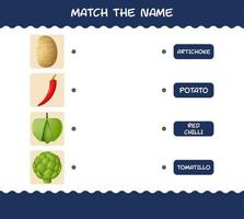 haga coincidir el nombre de las verduras de dibujos animados. juego de correspondencias. juego educativo para niños y niños pequeños en edad preescolar vector