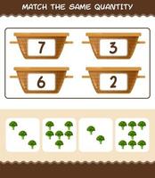 Match the same quantity of broccoli. Counting game. Educational game for pre shool years kids and toddlers vector