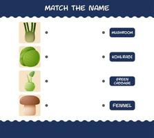 Match the name of cartoon vegetables. Matching game. Educational game for pre shool years kids and toddlers vector