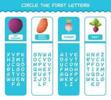 Circle the first letters of cartoon vegetables. Matching game. Educational game for pre shool years kids and toddlers vector