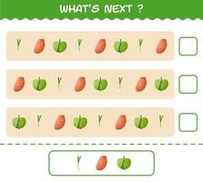 ¿Qué sigue? Juego educativo de verduras de dibujos animados. encuentre la regularidad y continúe la tarea de la fila. juego educativo para niños y niños pequeños en edad preescolar vector