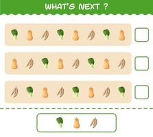 What's comes next educational game of cartoon vegetables. Find the regularity and continue the row task. Educational game for pre shool years kids and toddlers vector