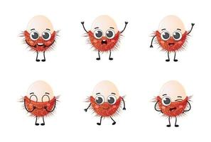 conjunto de caracteres de vector de fruta de rambután de dibujos animados lindo conjunto aislado sobre fondo blanco