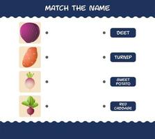 Match the name of cartoon vegetables. Matching game. Educational game for pre shool years kids and toddlers vector