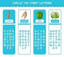 Encierra en un círculo las primeras letras de las verduras de dibujos animados. juego de correspondencias. juego educativo para niños de edad preescolar y niños pequeños vector