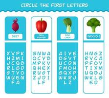 Encierra en un círculo las primeras letras de las verduras de dibujos animados. juego de correspondencias. juego educativo para niños de edad preescolar y niños pequeños vector