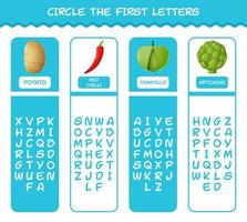 Circle the first letters of cartoon vegetables. Matching game. Educational game for pre shool years kids and toddlers vector