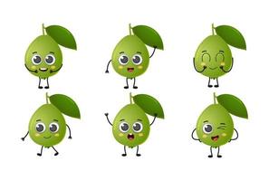 Set of cute cartoon guava fruit vector character set isolated on white background