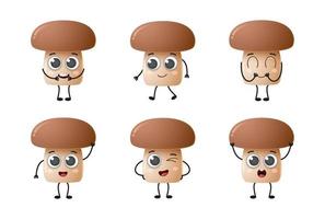 Set of cute cartoon mushroom vegetables vector character set isolated on white background