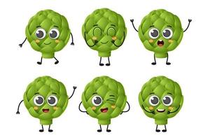 Set of cute cartoon artichoke vegetables vector character set isolated on white background