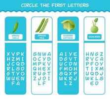 Circle the first letters of cartoon vegetables. Matching game. Educational game for pre shool years kids and toddlers vector