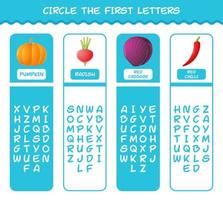 Circle the first letters of cartoon vegetables. Matching game. Educational game for pre shool years kids and toddlers vector