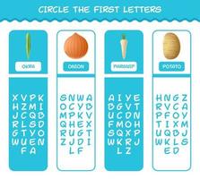 Circle the first letters of cartoon vegetables. Matching game. Educational game for pre shool years kids and toddlers vector