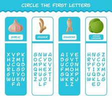 Circle the first letters of cartoon vegetables. Matching game. Educational game for pre shool years kids and toddlers vector