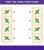 Match the same directions of mint leaf. Matching game. Educational game for pre shool years kids and toddlers vector