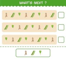 ¿Qué sigue? Juego educativo de verduras de dibujos animados. encuentre la regularidad y continúe la tarea de la fila. juego educativo para niños y niños pequeños en edad preescolar vector