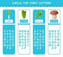 Circle the first letters of cartoon vegetables. Matching game. Educational game for pre shool years kids and toddlers vector