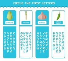 Circle the first letters of cartoon vegetables. Matching game. Educational game for pre shool years kids and toddlers vector