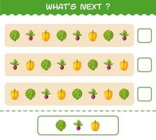 ¿Qué sigue? Juego educativo de verduras de dibujos animados. encuentre la regularidad y continúe la tarea de la fila. juego educativo para niños y niños pequeños en edad preescolar vector