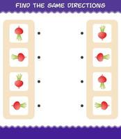 Match the same directions of radish. Matching game. Educational game for pre shool years kids and toddlers vector