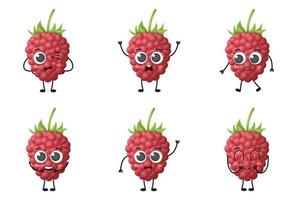 Set of cute cartoon raspberry fruit vector character set isolated on white background