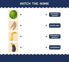 Match the name of cartoon vegetables. Matching game. Educational game for pre shool years kids and toddlers vector