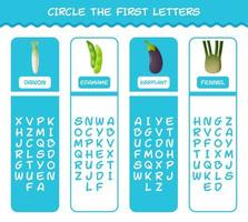 Circle the first letters of cartoon vegetables. Matching game. Educational game for pre shool years kids and toddlers vector