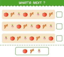 What's comes next educational game of cartoon vegetables. Find the regularity and continue the row task. Educational game for pre shool years kids and toddlers vector